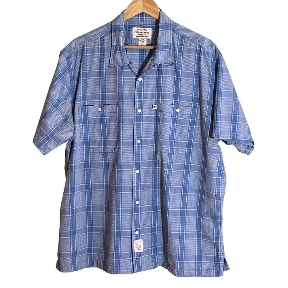 Ralph Lauren Polo Jeans Co. Blue Check Button Down Shirt Rodeo Cotton Large Mens
